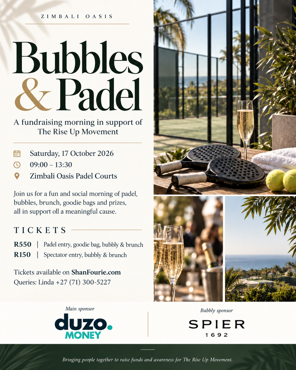 Bubbles & Padel flyer: Saturday 17 October 2026, 09:00–13:30, Zimbali Oasis Padel Courts